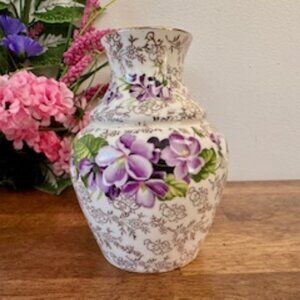 Vintage James Kent Floral Chintz Vase – Purple Violet Bouquet with Gold Trim‎
